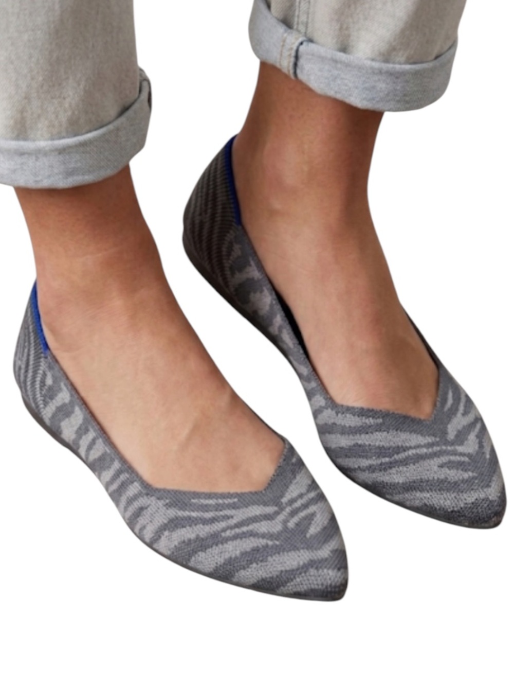 Rothy’s The Point Gray Zebra Knit Pointed Toe Flats Blue Stripe Retired 6
W